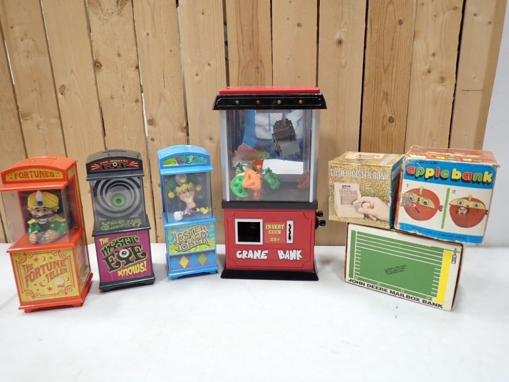 Coin Banks incl The Fortune Teller, The Mystic Eye Knows, Jester Joker, Crane Bank, Apple Bank, (1 of 8)