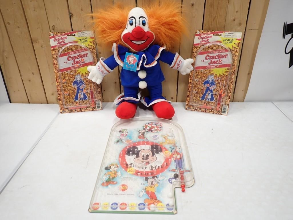 Toy Lot incl Bozo the Clown Plush, Mickey Mouse and 2 Cracker Jack Pinball Marble Games (1 of 9)