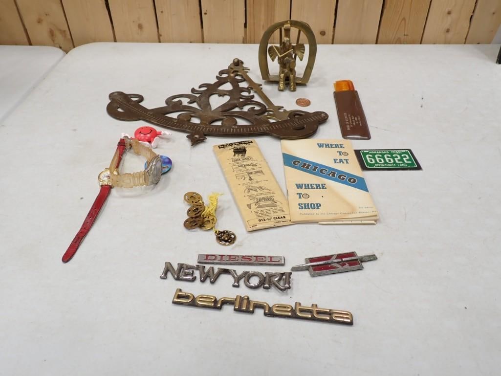 Smalls lot including Car Emblems, Brass, Ephemera, Minnie Mouse and Miley Cyrus Watches: Smalls lot including Car Emblems, Brass Sailboat Pitch Gauge, Ephemera, Minnie Mouse and Miley Cyrus Watches, etc