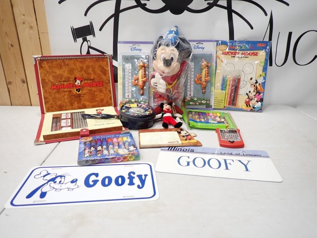 Walt Disney Lot including Tigger, Mickey, Minnie, Goofy, et. including License Plates, Thermometers,: Walt Disney Lot including Tigger, Mickey, Minnie, Goofy, et. including License Plates, Thermometers, Art Supplies, Plush, etc