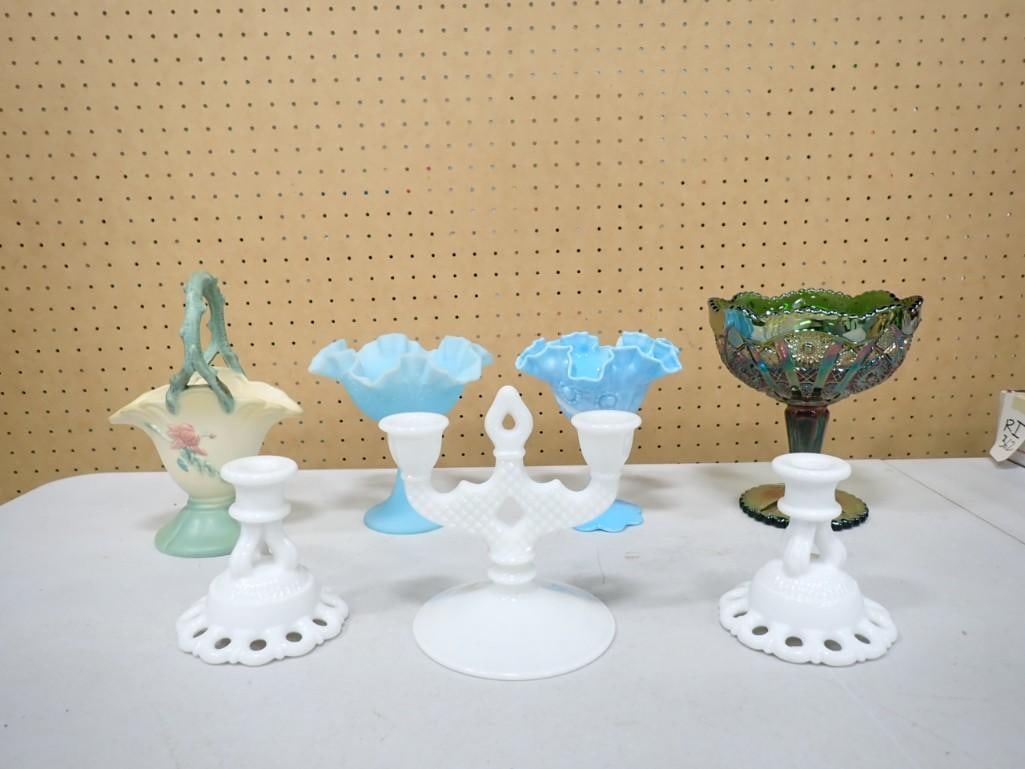 Glass / Ceramic Lot including Milk Glass, Blue Milk Glass, Candle Holders, Goblets, / Vases, etc. (1 of 14)