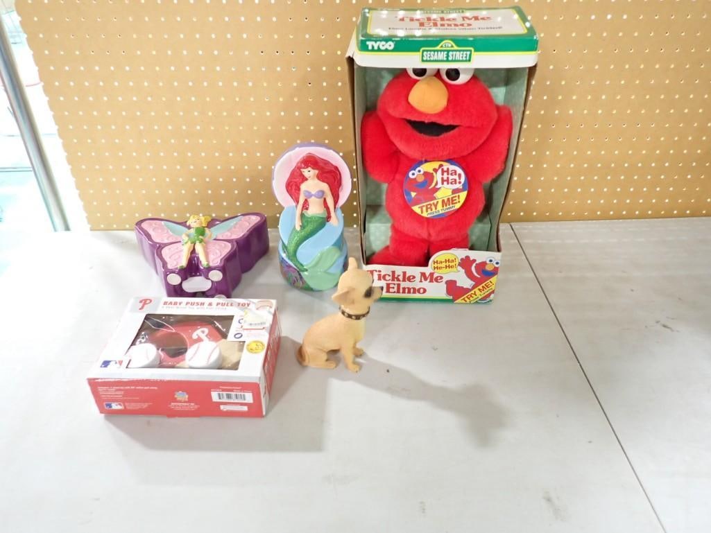 Toy Lot including Tickle Me Elmo with Box, Little Mermaid, Baby Toy, Tinkerbell, etc. (1 of 8)
