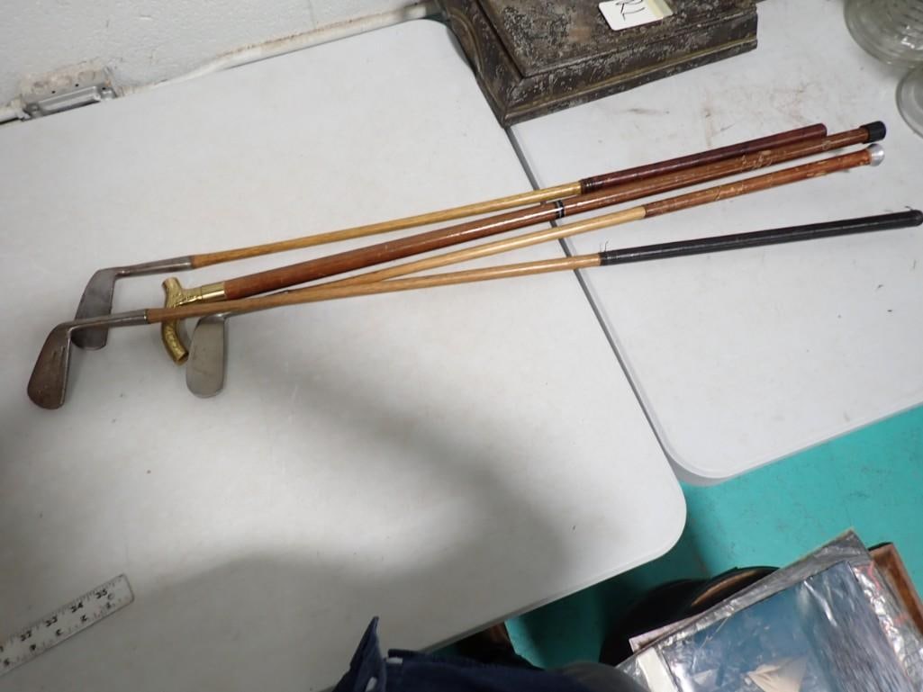 Antique Golf Clubs with Wood Shafts and Wood Cane with Brass Handle (1 of 7)
