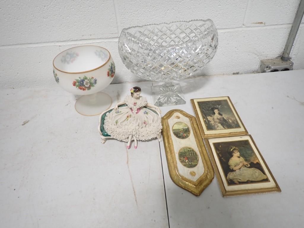 Collectibles incl Footed Crystal Bowl, Hand Painted Frosted Glass Dish, German Porcelain Figurine, (1 of 10)