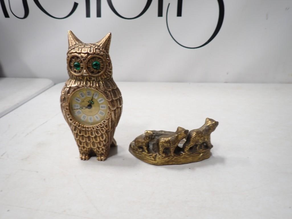 Brass Lot incl Vintage Wind Up Owl Clock, Brass Bear Trinket Dish or Ashtray (1 of 7)