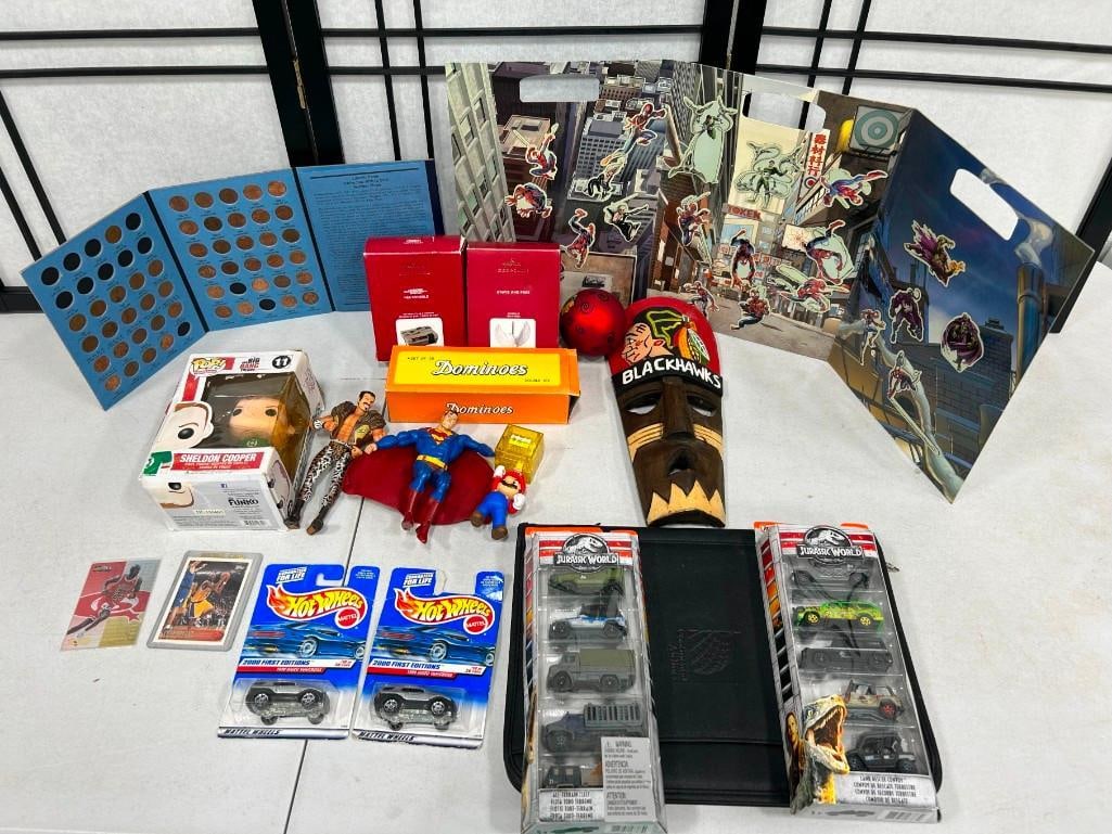 Misc. lot including Wooden Chicago Blackhawks Mask, Sheldon Cooper Funko Pop, Penny Collection (1 of 6)