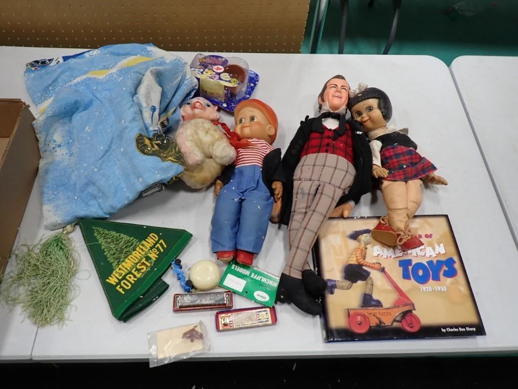 Toy Lot including Star Wars Sheet, Sluggo and Nancy Dolls, American Toys Reference book, harmonica (1 of 7)