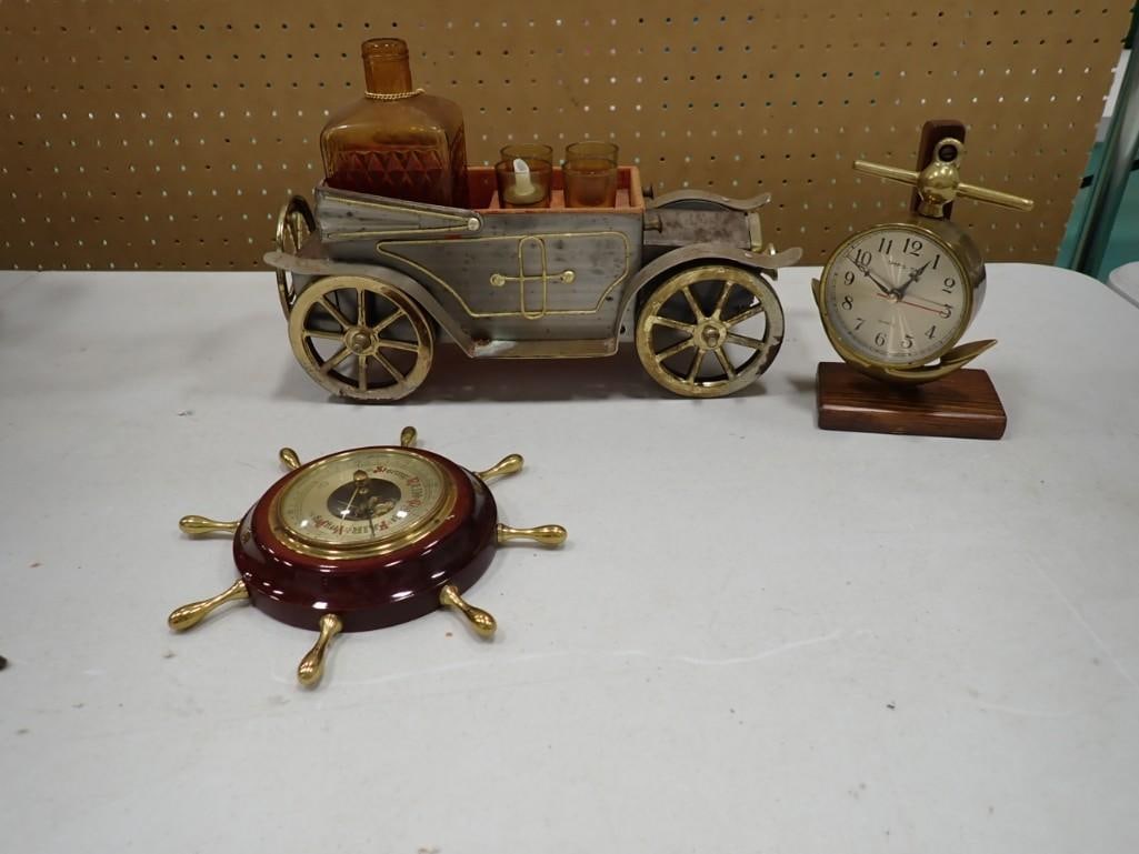 Vintage Lot incl Ship's Time Clock, Ship's Wheel Barometer, Old Time Car Bar Set (1 of 6)