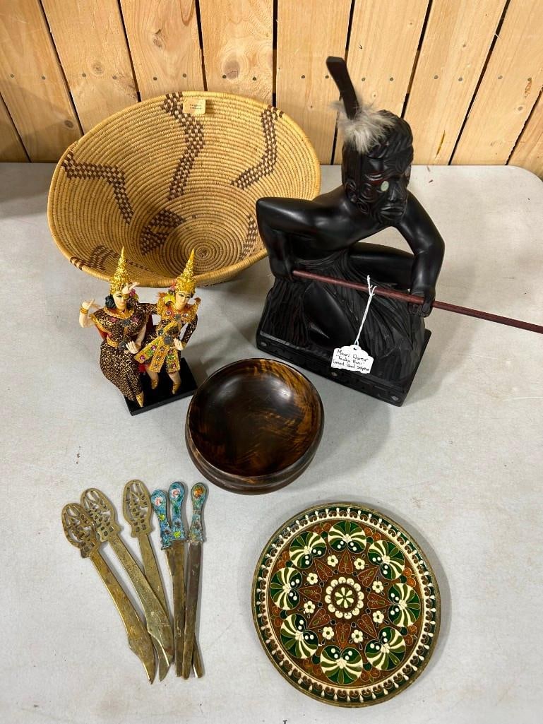 Asian / Tribal Collectibles including Maori Warrior Carved Wood, Botswana Basket, Asian Figurines, e (1 of 17)