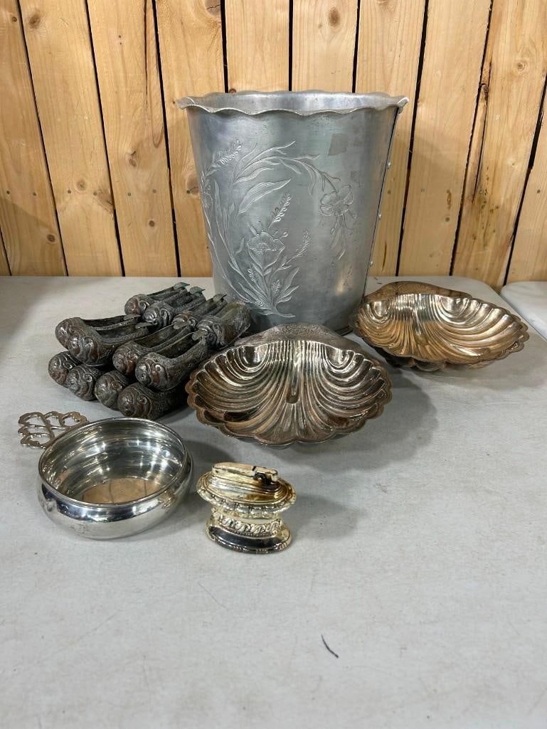 Vintage Metal lot including silver plate, lighter, ash trays, Miniature shoes, etc.: Vintage Metal lot including silver plate, lighter, ash trays, Miniature shoes, etc.