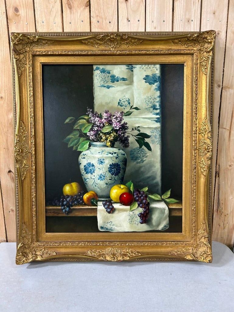 Framed Floral and Fruit Oil Painting - Signed Henry: Framed Floral and Fruit Oil Painting - Signed Henry