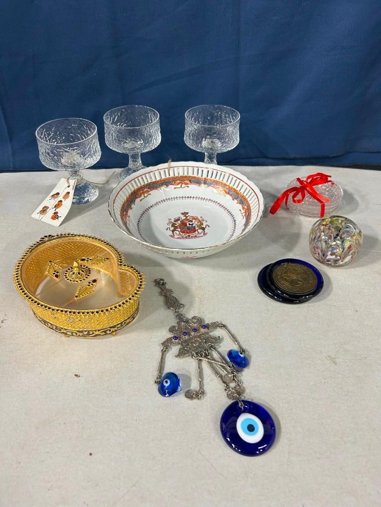 Misc Lot including Paperweight, Bowl, Glasses, Turkish Blue Evil Eye, etc (1 of 9)