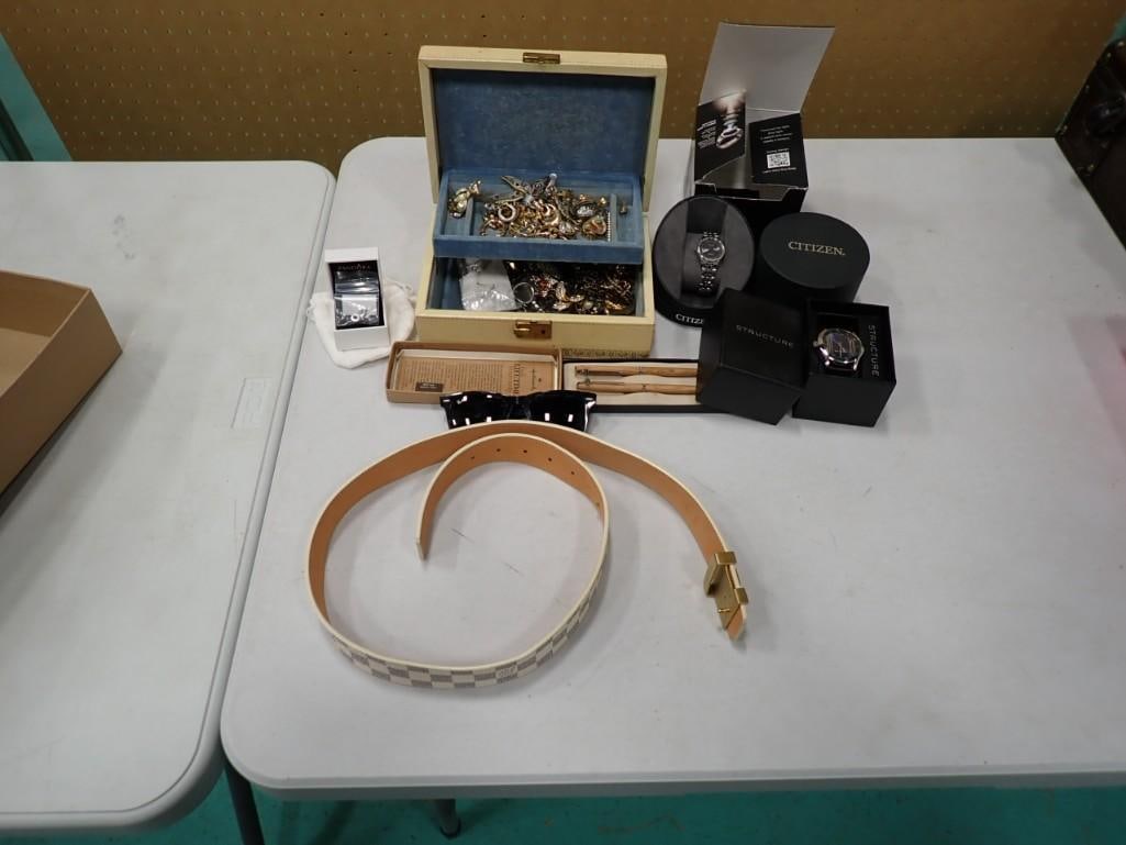 Designer items including Belt, Citizen, Structure watches, jewelry box with costume jewelry, pens,: Designer items including Belt, Citizen, Structure watches, jewelry box with costume jewelry, pens, etc.