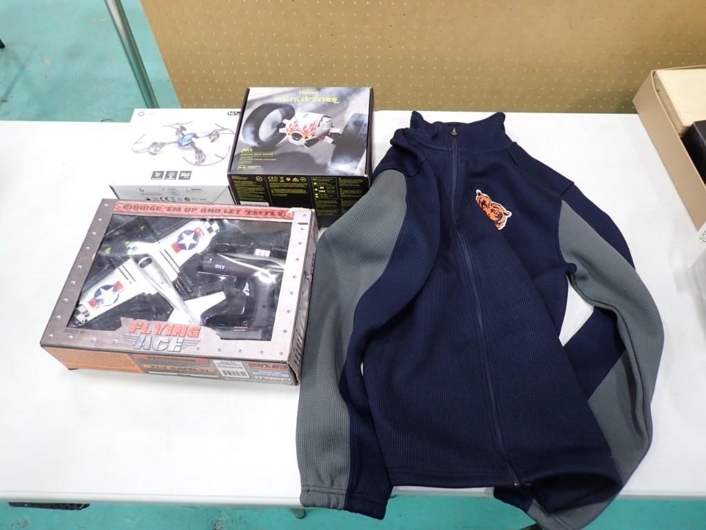 Misc. lot including Bears sweater size L, 2 mini drones, flying ace plane (1 of 12)