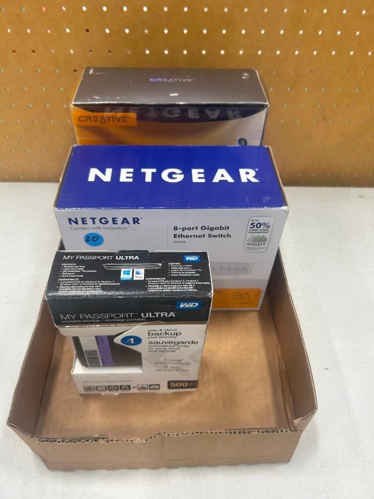 Computer Accessories lot including New WD My Passport Ultra 500 Gb Drive, Ethernet Switch, Web Cam (1 of 6)