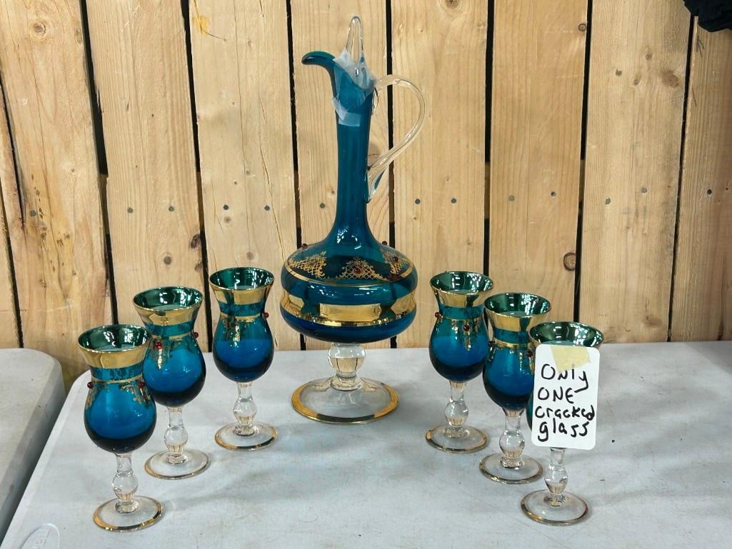 Vintage MCM Blue Glass Decanter Set with Gold Gilt - one of the glasses has a crack (1 of 6)