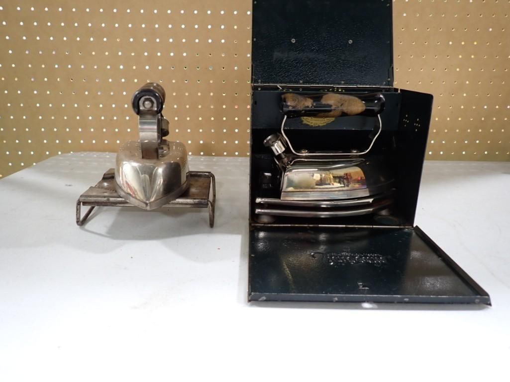 Pair of Irons - Vintage Sunbeam - one with a stand, one with a case: Pair of Irons - Vintage Sunbeam - one with a stand, one with a case