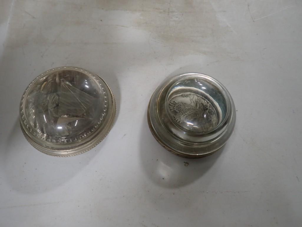 Pair of Pewter and Glass Paperweights including Metal Mountain Designs: Pair of Pewter and Glass Paperweights including Metal Mountain Designs - a sailboat and an eagle