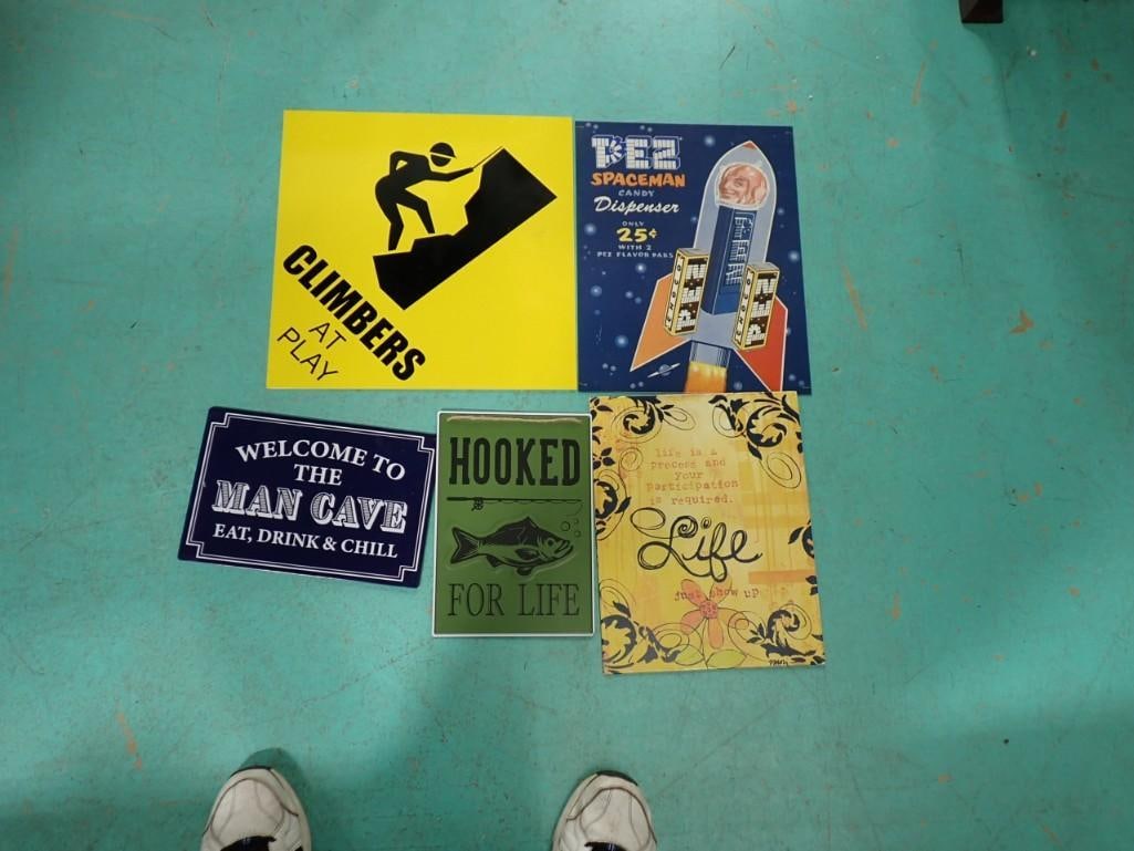 Metal Sign Lot including Pez Spaceman, Man Cave, Fishing, Climbers, etc. (1 of 5)