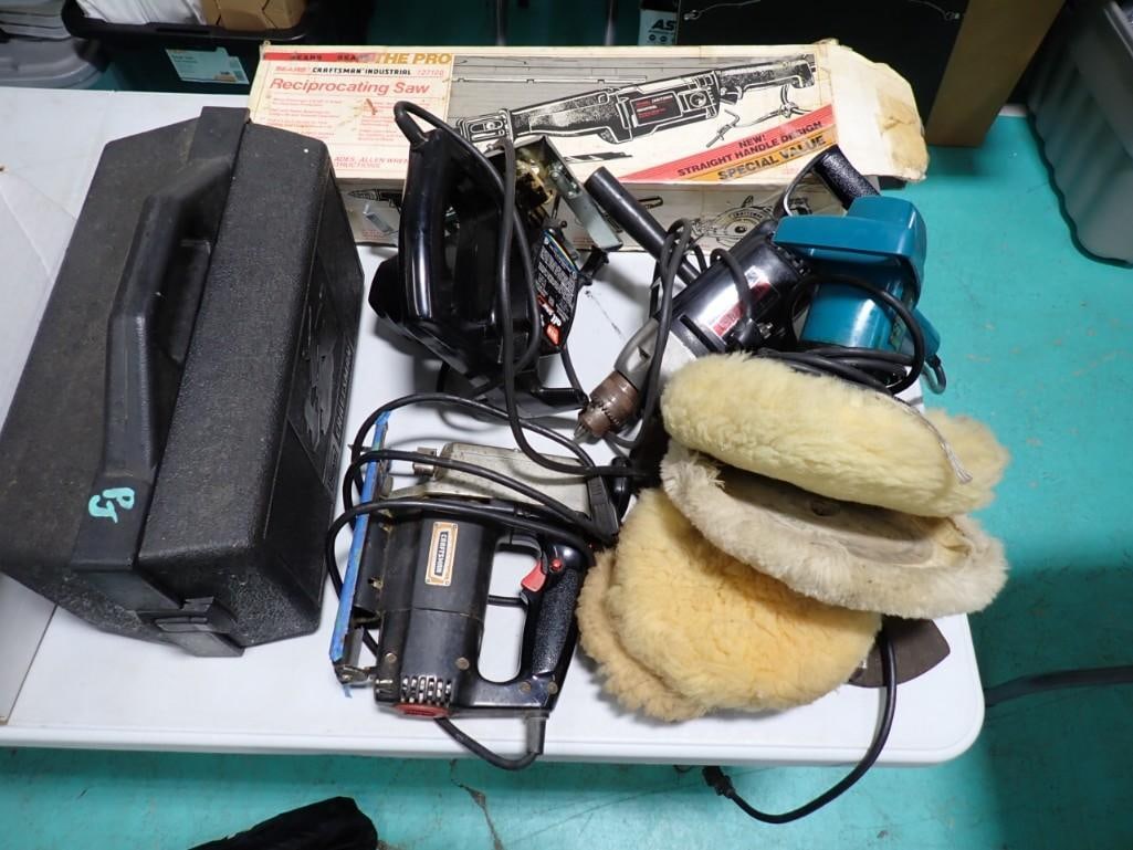 Bin full of power Tools including Reciprocating Saw, Buffer with extra Pads, (1 of 9)