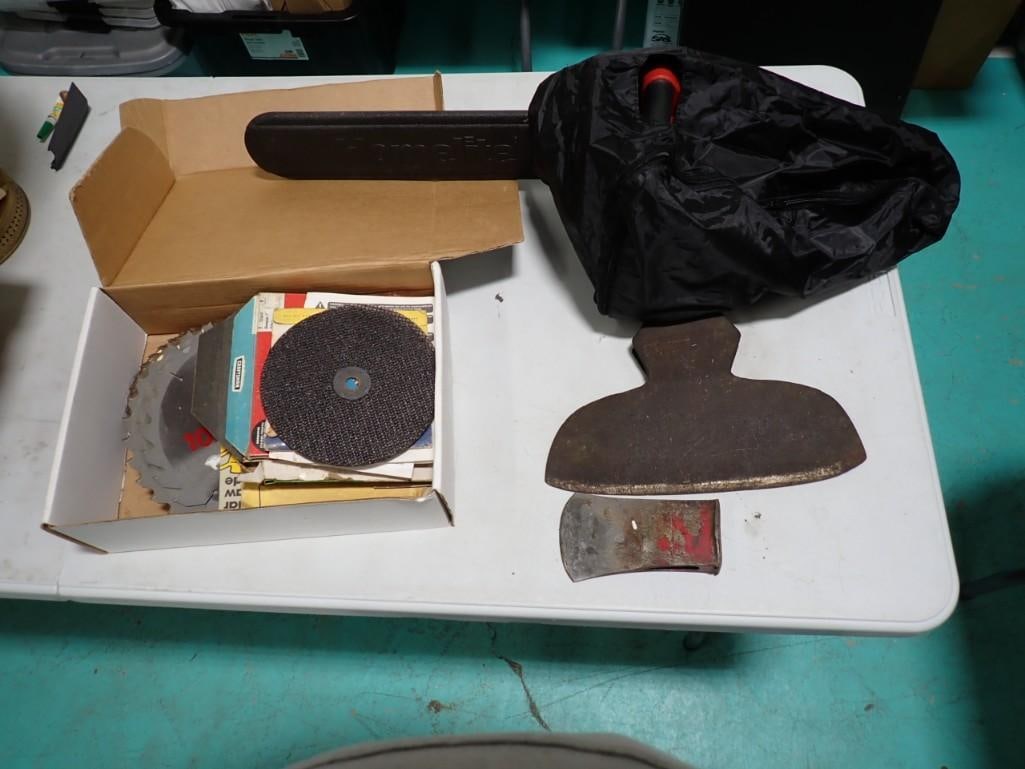 Tool Lot including Chain Saw with Case, 2 Axe heads, Blades, Sandpaper, Etc. (1 of 6)
