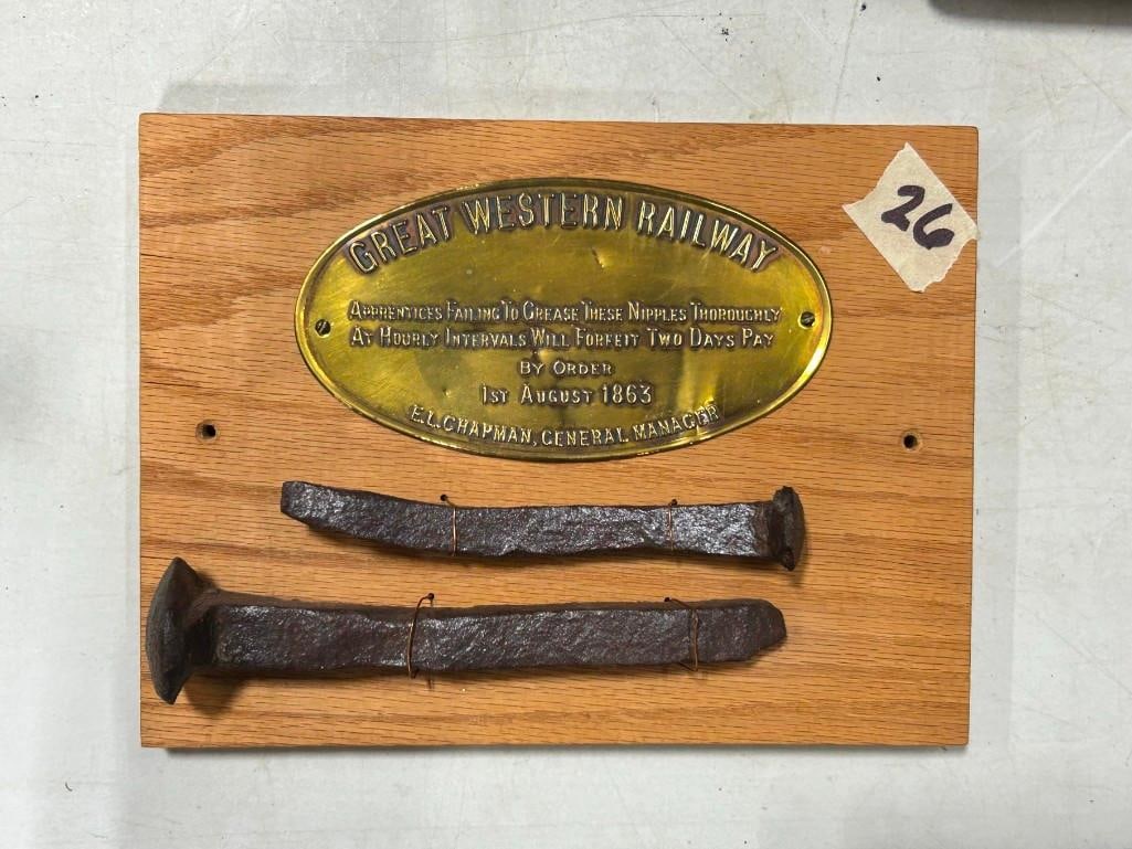Great Western Railway Sign Or Brass Placard with Railroad Spikes (1 of 2)