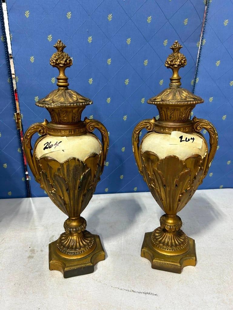 Pair of Neoclassic Urns, Metal Composition 6" x 16": Pair of Neoclassic Urns, Metal Composition 6" x 16"