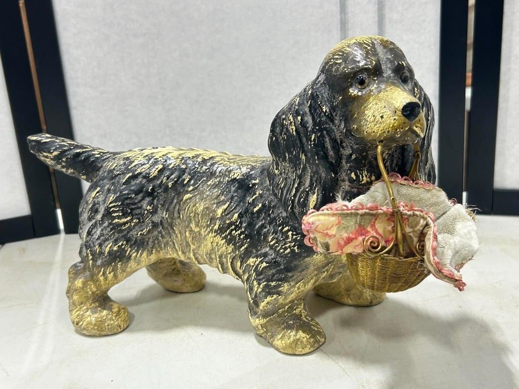 Victorian Spaniel Dog Display Composition with Metal Basket and Blanket 12": Victorian Spaniel Dog Display Composition with Metal Basket and Blanket 12" . Nice statue or sculpture