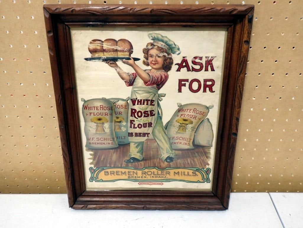 Antique Bremen Roller Mills White Rose Flour Framed Advertisement 13" x 16" (1 of 5)