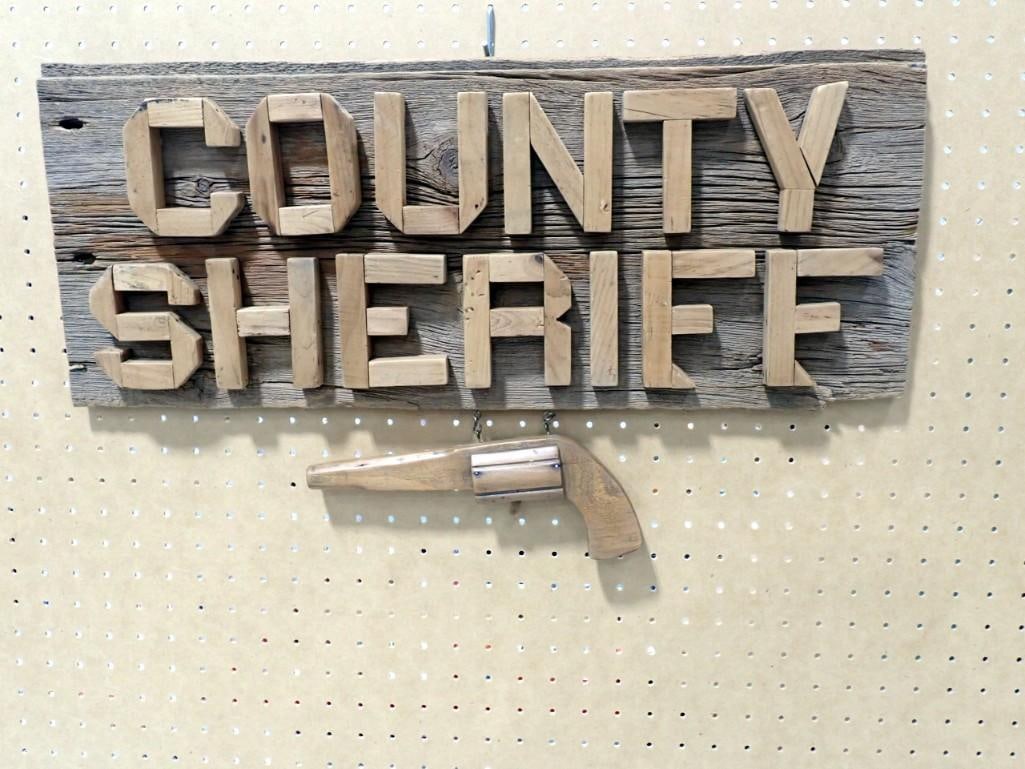 County Sheriff Carved Wood Sign 10" x 24" with Wood Pistol Replica: County Sheriff Carved Wood Sign 10" x 24" with Wood Pistol Replica