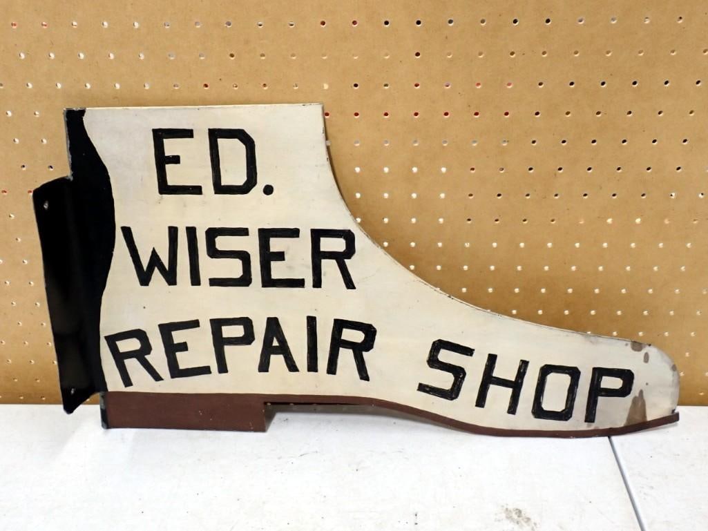 Antique Ed Wiser Shoe Repair Cobbler Outdoor Double Sided Metal Sign 13.5" x 23.5" (1 of 6)