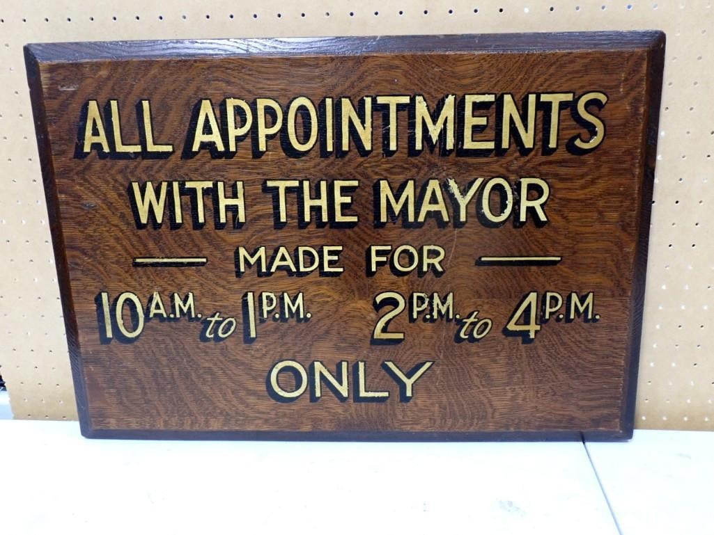 Antique Chicago Mayor Gold Leaf Lettered Oak Panel Hours Sign 18" x 26" (1 of 5)