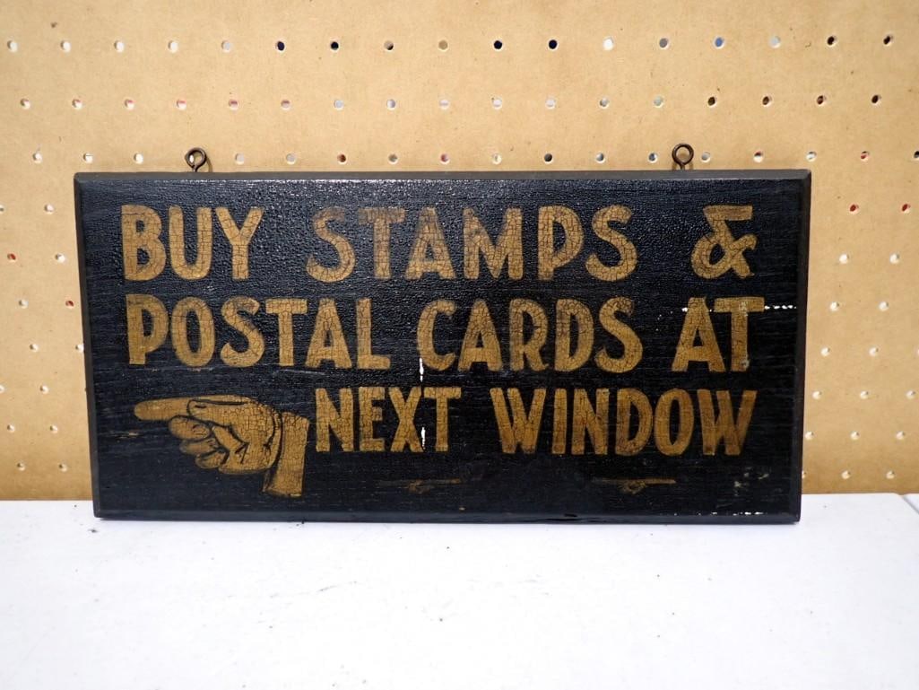 Antique Post Office Stamps Gold Leaf Sign on Wood 7" x 14" (1 of 4)