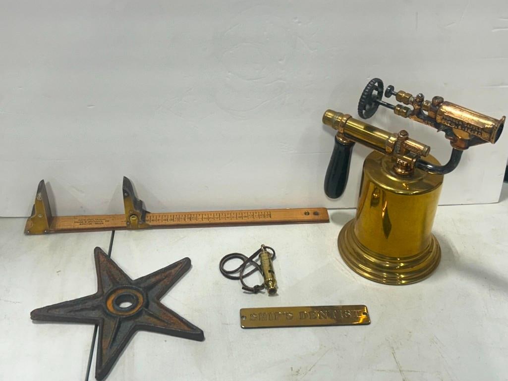 Architectural Stress Star, Washer, Brass Blow Torch by Turner, Brass Mounted Shoe Sizer, Whistle Shi (1 of 17)
