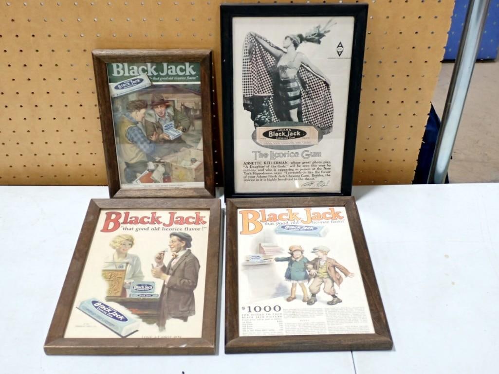 4 Antique Framed Blackjack Chewing Gum Advertising 1920s: Lot of 4 Antique Framed Blackjack Chewing Gum Advertising 1920s