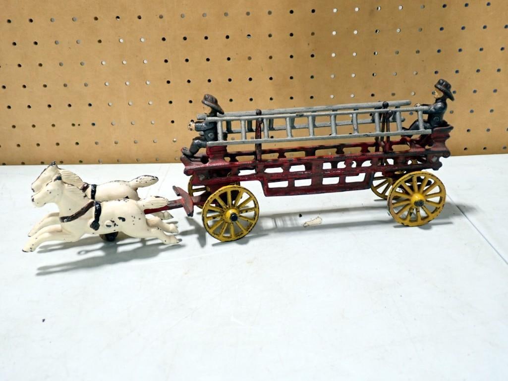 Antique Cast Iron Horse Drawn Fire Truck Hook and Ladder 16": Antique Cast Iron Horse Drawn Fire Truck, Hook & Ladder 16"