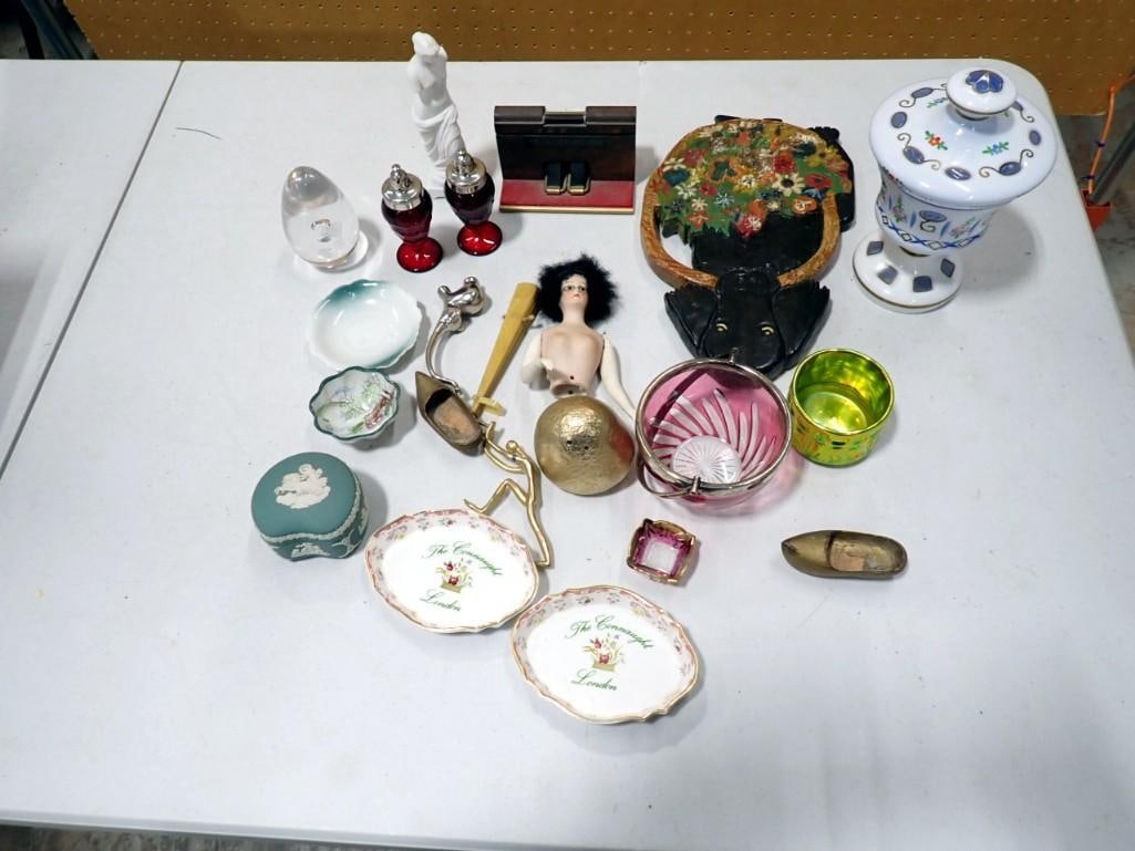 Mixed Lot of Bohemian Art Glass, Ruby Red Salt and Pepper, Porcelain Doll, and More (1 of 10)