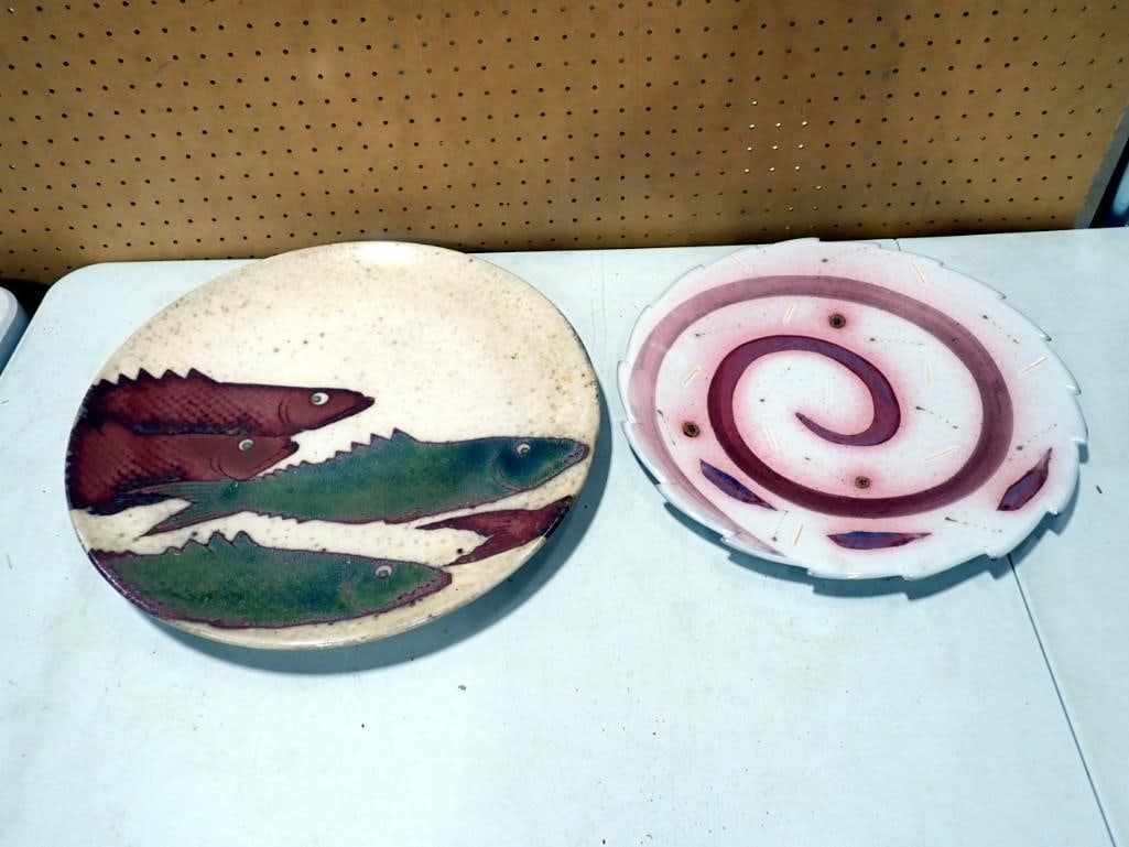 2 Large Signed Charger Pottery Ceramic Plates 16" and 18" (1 of 8)