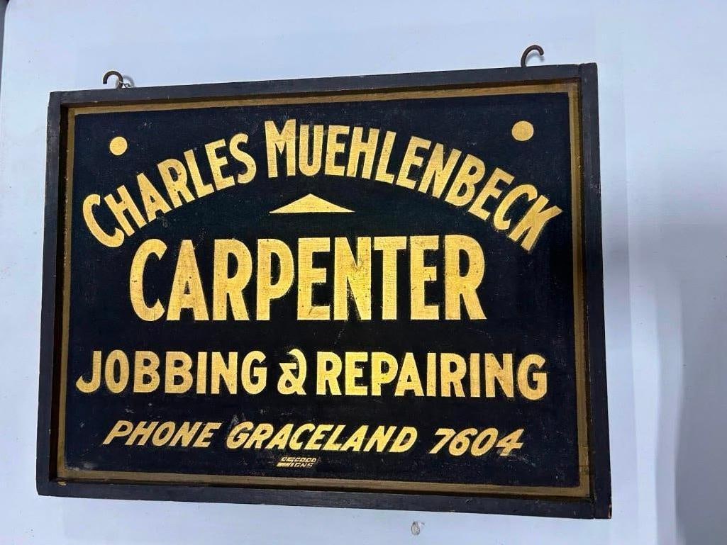 Antique Carpenter Sign Charles Muehlenbeck Gold Leaf Double Sided Advertising 18" x 24" (1 of 2)