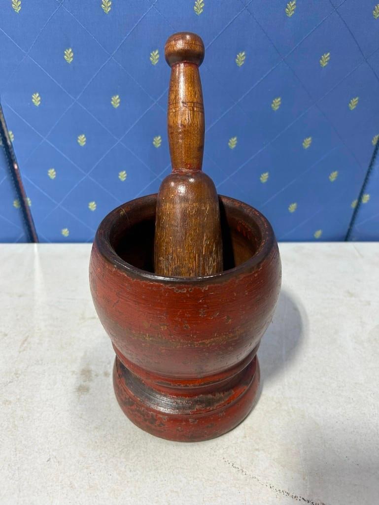 Primitive Original Red Paint Hand Turned Mortar & Pestle (1 of 6)