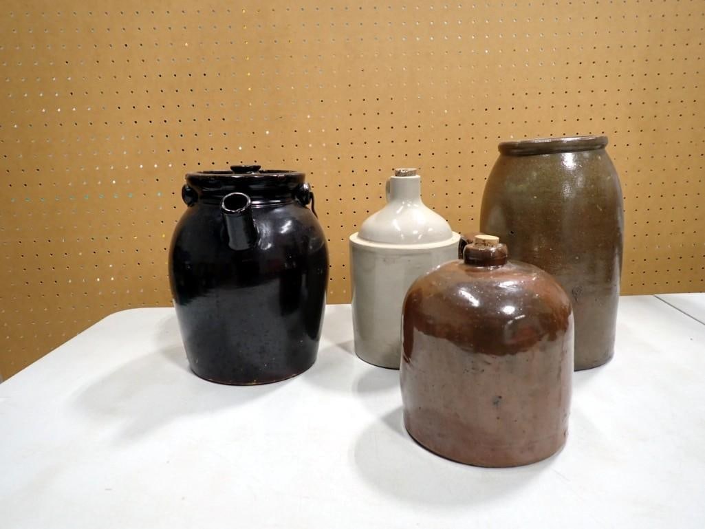 Stoneware Lot incl 2 Crocks (1 with Lid) and 2 Jugs: Antique Stoneware Pottery Lot incl 2 Crocks (1 with Lid) and 2 Jugs