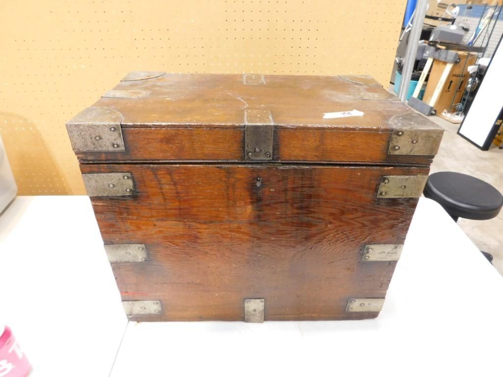 Antique Wood Trunk Chest With Heavy Banded Hardware 22" x 13" x 18" (1 of 9)