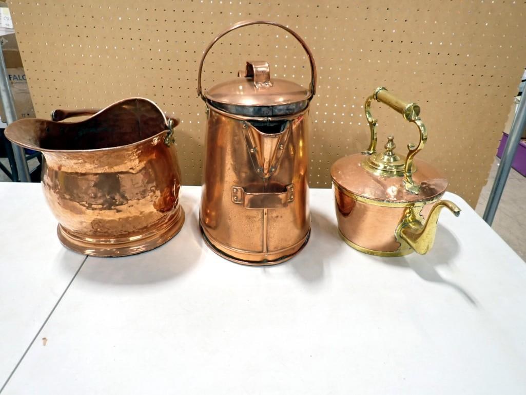 Antique Large Copper Hot Water Kettle & Large Tea or Coffee Kettle  Plus Copper Ash Bucket (1 of 9)