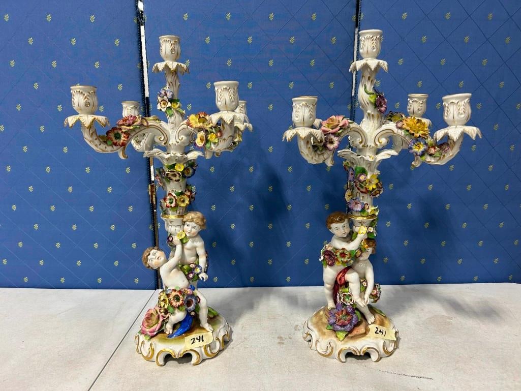 Pair of 5 Light Scierholz & Sohn Dresden Germany Porcelain Candelabras 14" Wide x 22" Tall: Pair of 5 Light Scierholz & Sohn Dresden Germany Porcelain Candelabras 14" Wide x 22" Tall