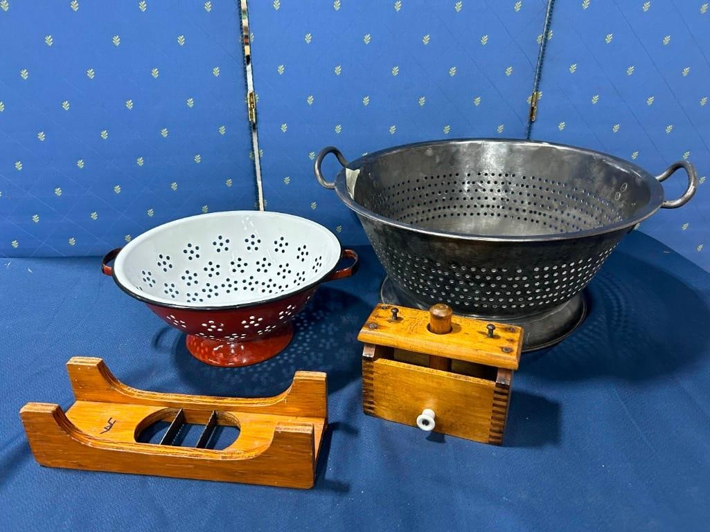 2 Antique Colanders, a Corn Peeler, and a Butter Press: 2 Antique Colanders, a Corn Peeler, and a Butter Press