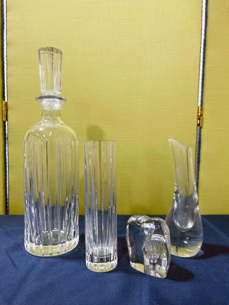 Lot of Baccarat Crystal incl Decanter, Bird Vases, and Elephant: Lot of Baccarat Crystal incl Decanter, Bird Vases, and Elephant