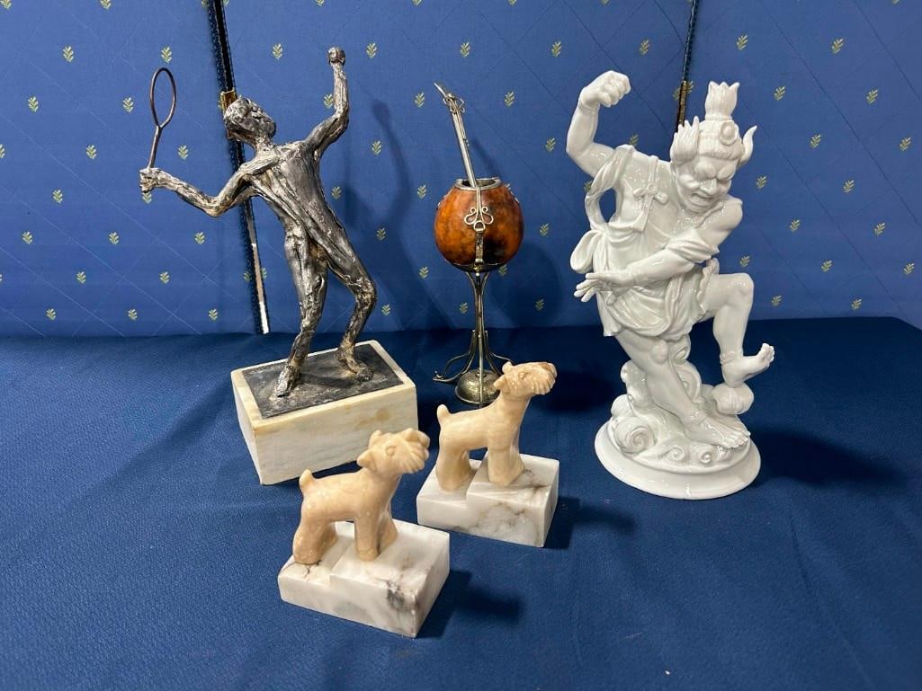 Fitz and Floyd Asian Style Statue, Metal Tennis Player Signed Shepard, Schnauzer Dog Marble Bookends (1 of 20)