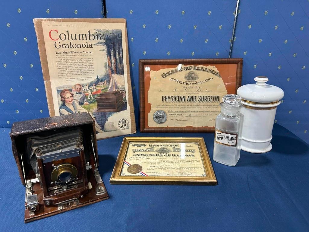 Antique Woolenach Box Camera, Granfonola Advertising, Apothecary & Spice Jars, Barber & Surgeon Fram: Antique Woolenach Box Camera, Granfonola Advertising, Apothecary & Spice Jars, Barber & Surgeon Framed Licenses