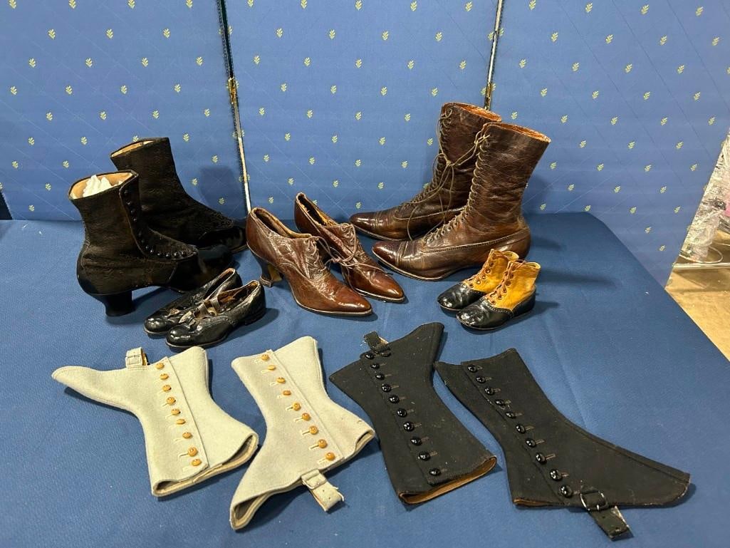 Lot of 2 Pair of Ladies Victorian Boots, 2 pr Spats, 1 pr Ladies Shoes, 2 pr Childs Shoes (1 of 20)