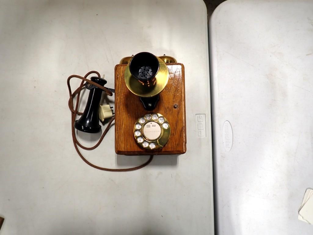 Antique Wall Mount Rotary Telephone, Oak Case with Brass Bells (1 of 5)